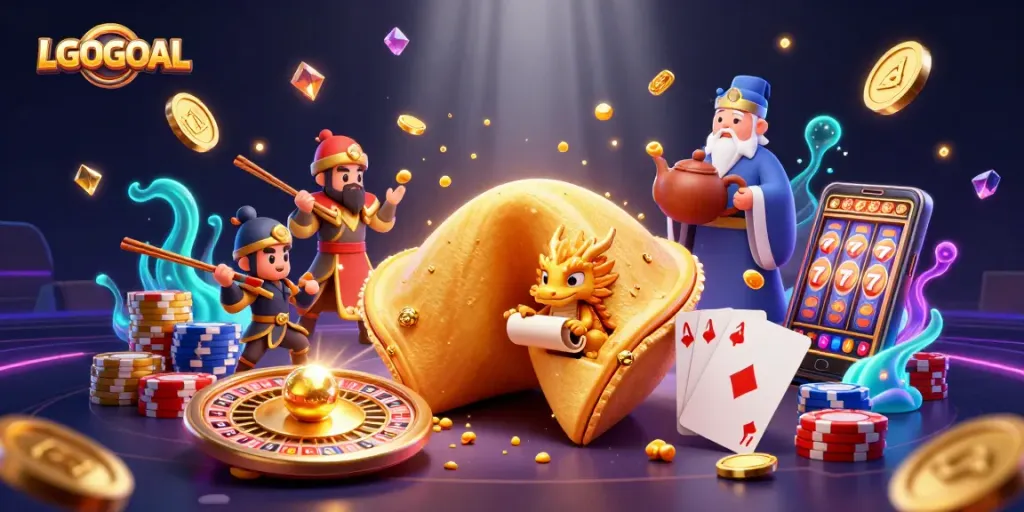 Engage with LGOGOAL, enjoying captivating slot games amid golden treasures and vibrant casino elements.
