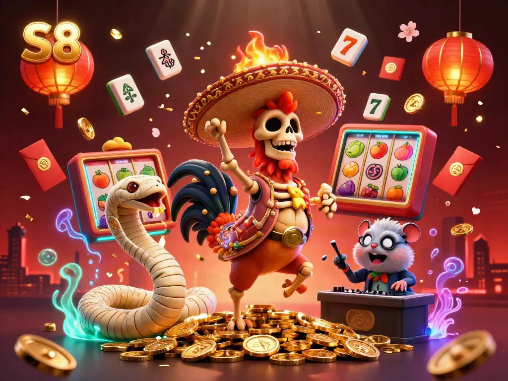 S8 lively casino scene featuring characters like a mariachi rooster celebrating and gaming elements around