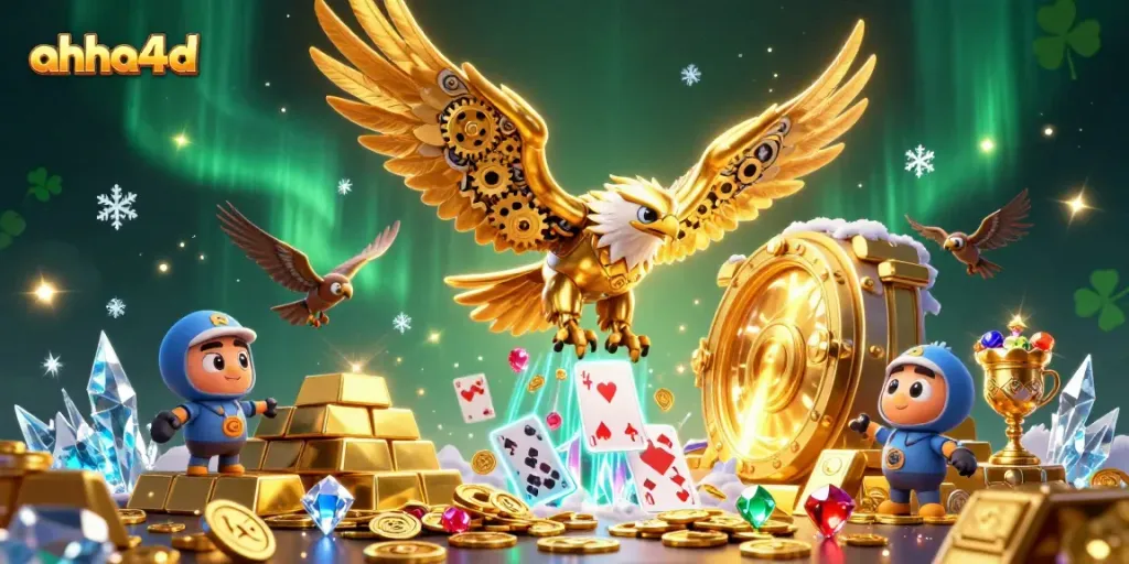 Experience the thrill of ahha4d with a cybernetic eagle soaring through vibrant playing cards and treasures.