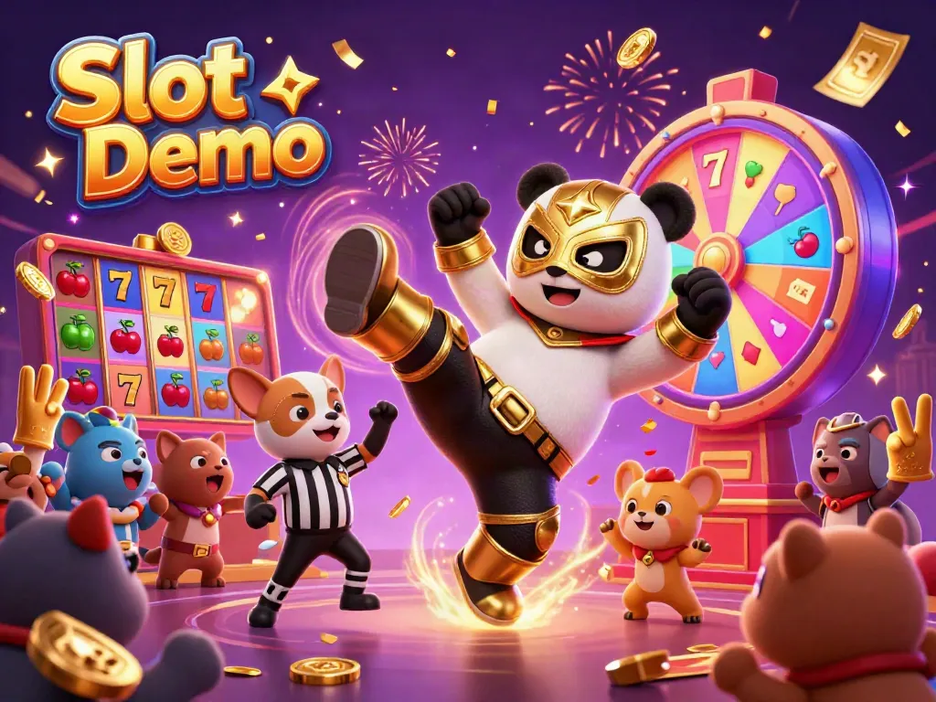 Experience the excitement of Slot Demo with a vibrant illustration of a panda wrestler and animal spectators.