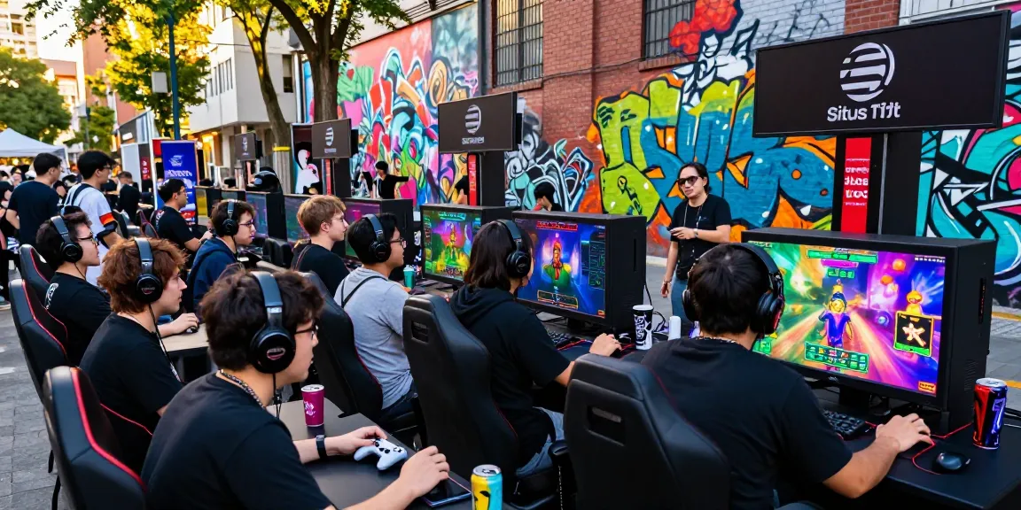 Gamers at a vibrant street event engaging with situs toto gaming kiosks and friendly competition.