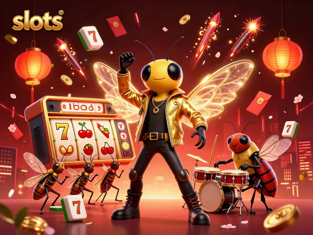 Engage with dynamic slots imagery featuring vibrant characters and festive casino elements.