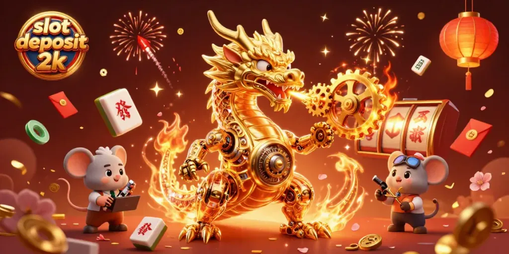 Engage with a vibrant illustration of slot deposit 2k featuring a golden dragon and lucky symbols.