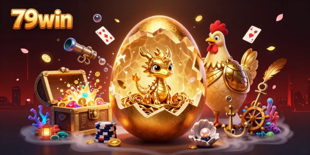 Experience the thrilling world of 79win with a golden dragon and poker chips in a vibrant 3D casino scene.