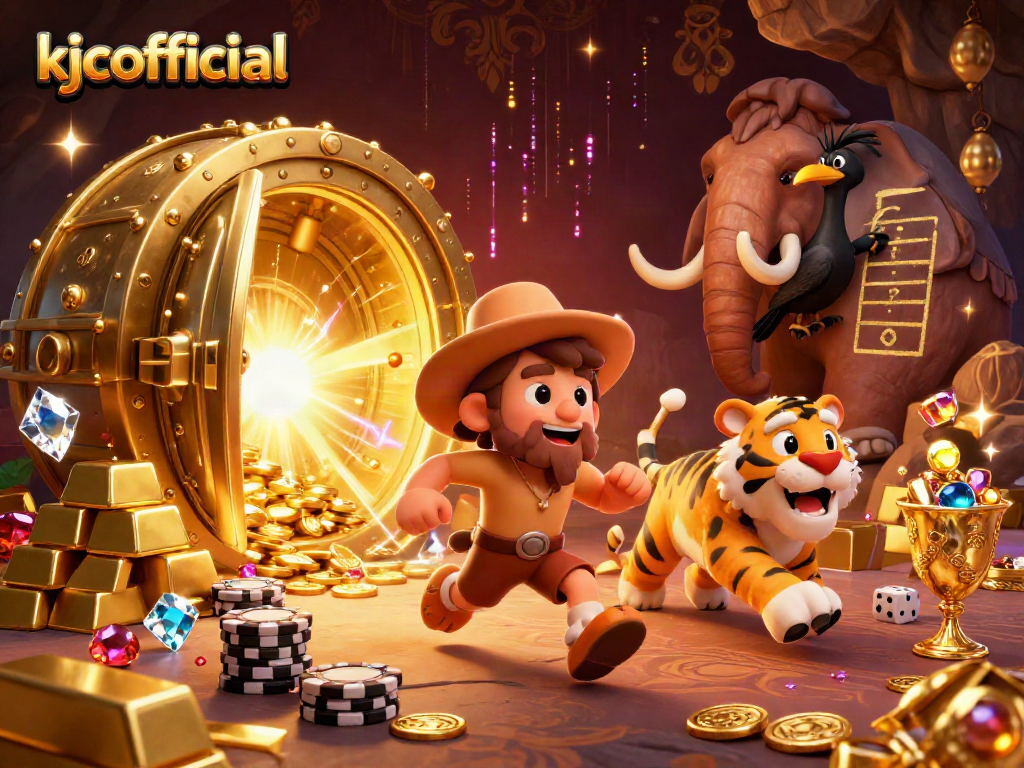 Experience the thrill of kjcofficial's vibrant prehistoric casino, featuring animated characters and dazzling treasures.