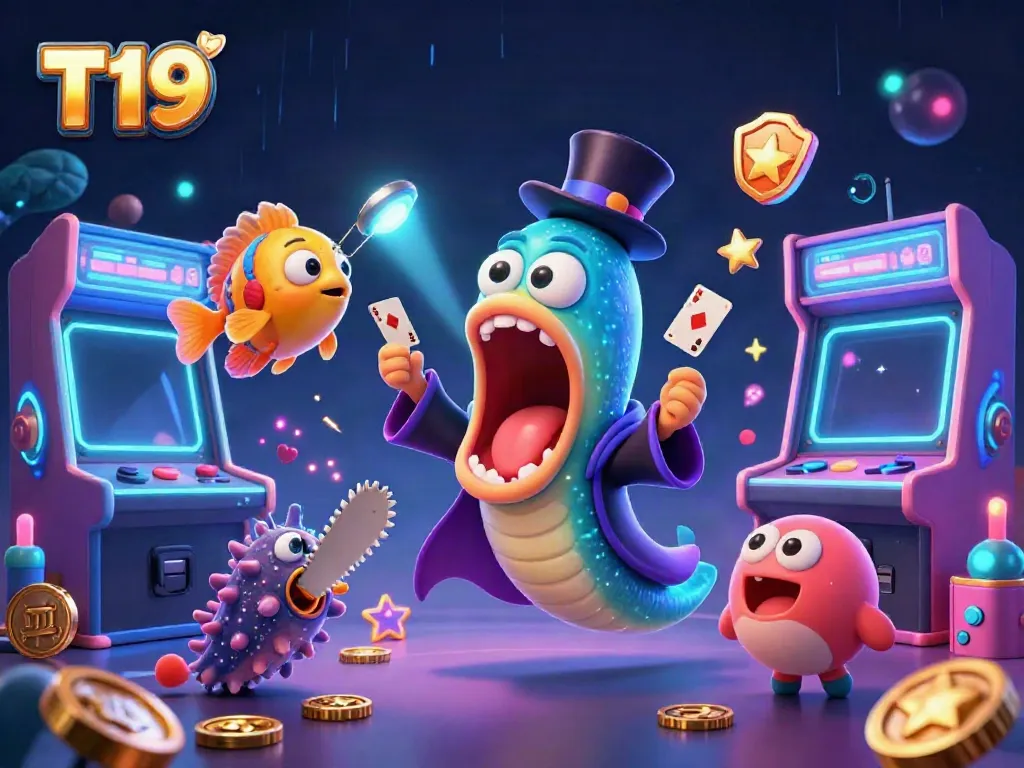 T19 engages players with vibrant casino-themed characters and colorful gaming elements in a magical underwater scene.
