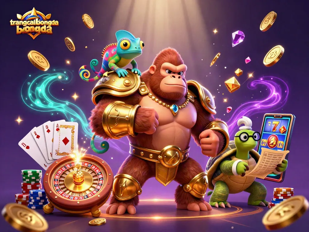 Place bets wisely at trangcadobongda with a vibrant scene featuring a gorilla king and exciting casino elements.