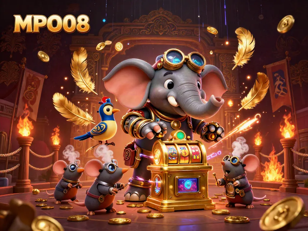MPO08 steampunk elephant engaging players in a vibrant casino game scene featuring slot machines and gold coins.