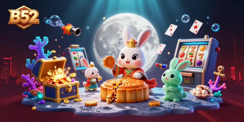 B52 casino illustration with a moon rabbit pounding mooncakes that reveal poker chips, surrounded by vibrant gaming elements.