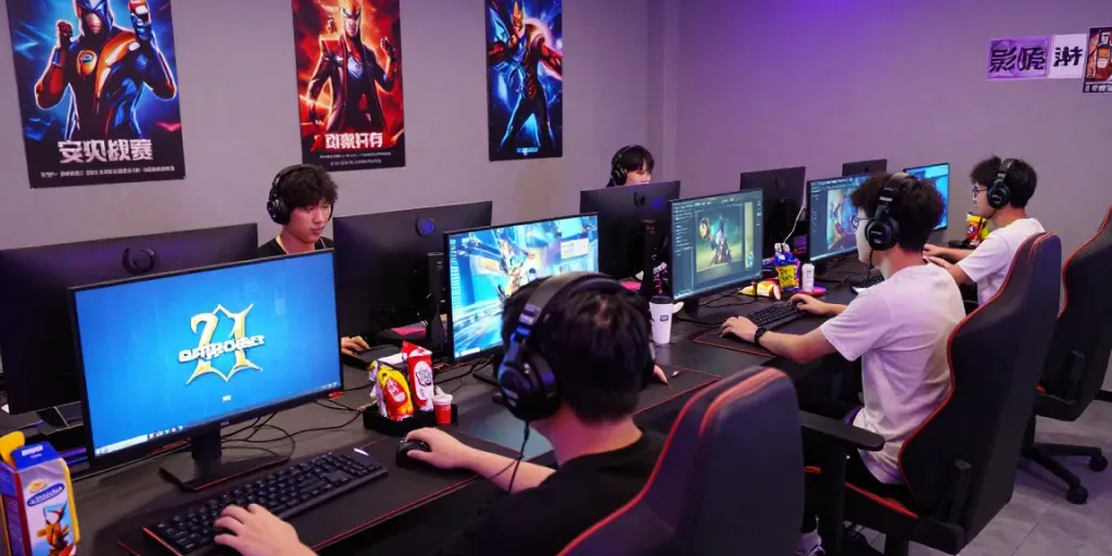 Players enjoying QQMacan in a vibrant gaming lounge with LED lights.