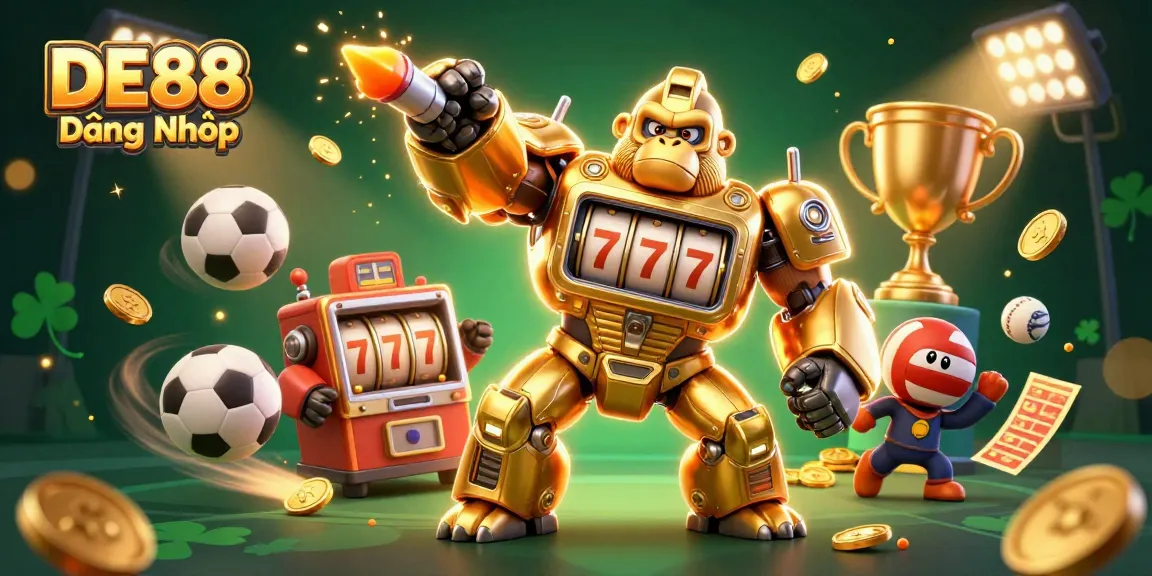 Experience DE88 Đăng Nhập with the energetic golden gorilla mech and flying sports elements.