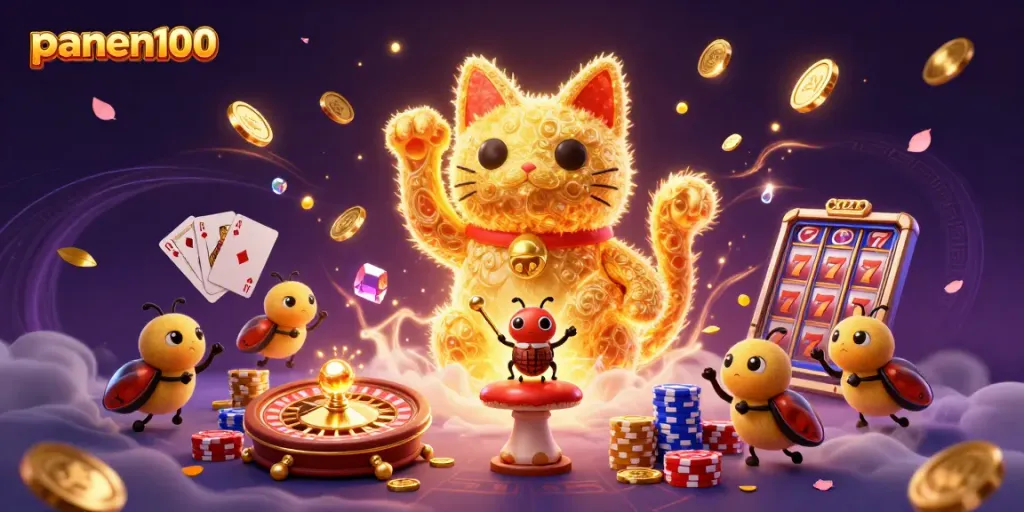 Experience the excitement of panen100 with colorful casino symbols, dynamic fireflies, and a lucky cat.