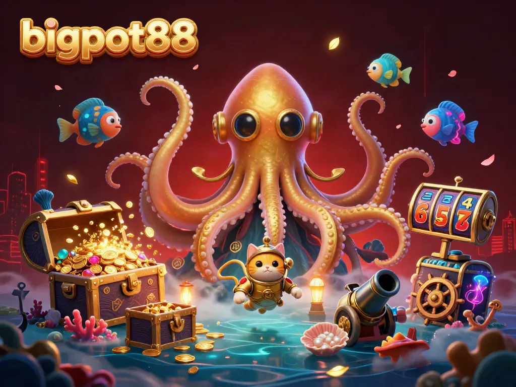 Bigpot88's underwater adventure with a kraken, diving cat, and 3D slot game elements