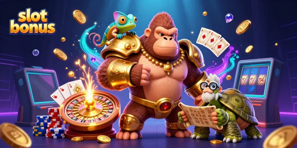 Engage with slot bonus excitement through a vibrant 3D illustration showcasing dynamic characters and casino elements.