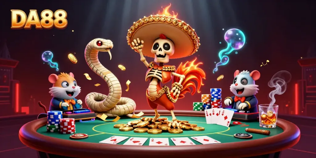 Engage in thrilling action at DA88 with lively characters celebrating on a vibrant casino scene.