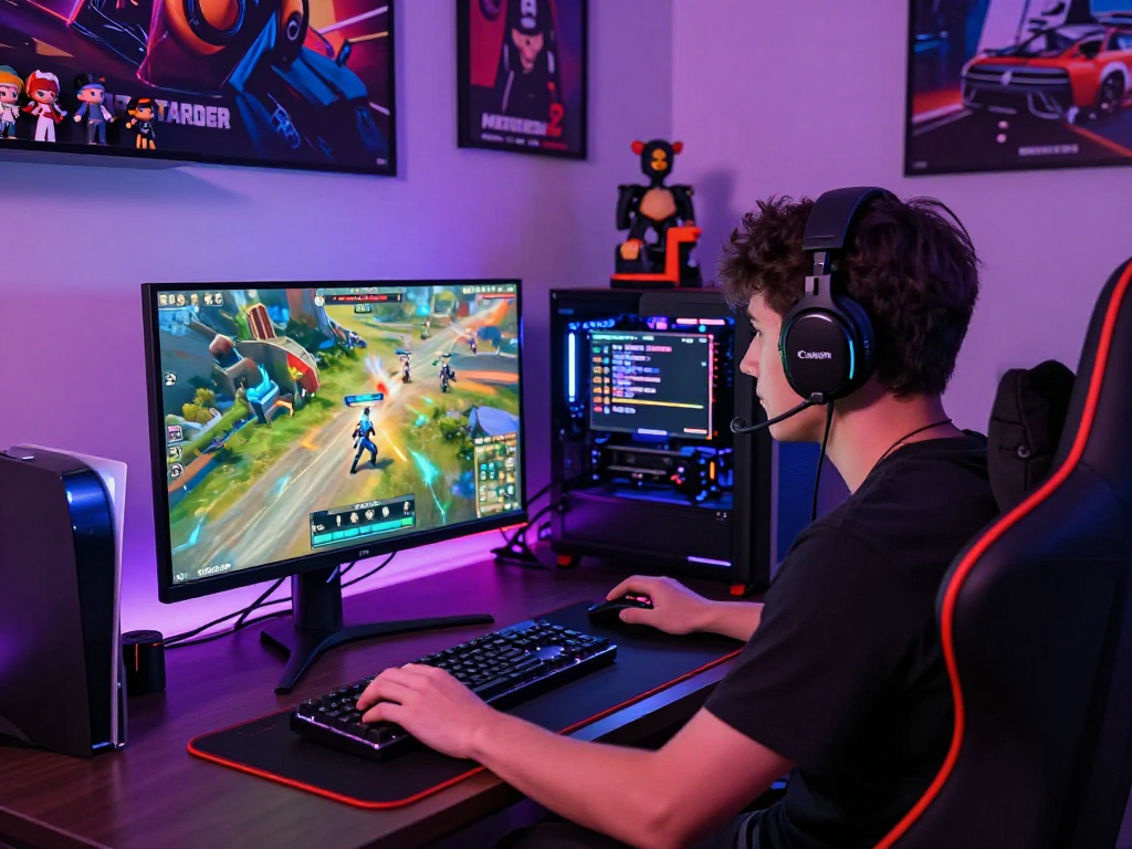 Gamer fokus dengan monitor menampilkan permainan bos88 yang seru, dikelilingi peralatan gaming premium.