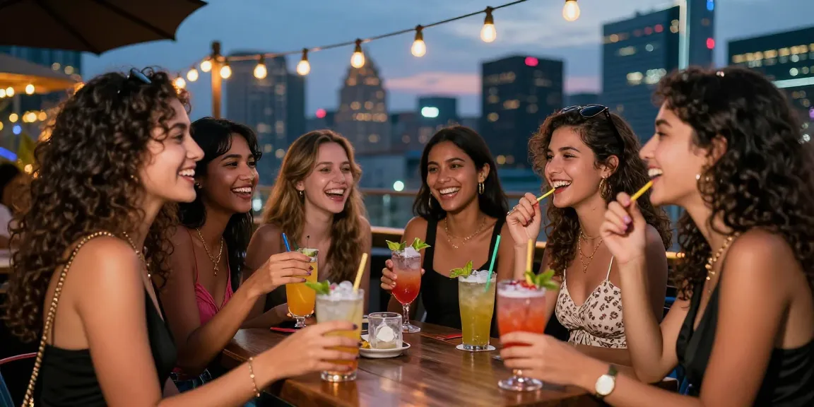 Nhóm gái gọi vui vẻ tại quán bar rooftop, thể hiện phong cách thời trang độc đáo và không khí sôi động.