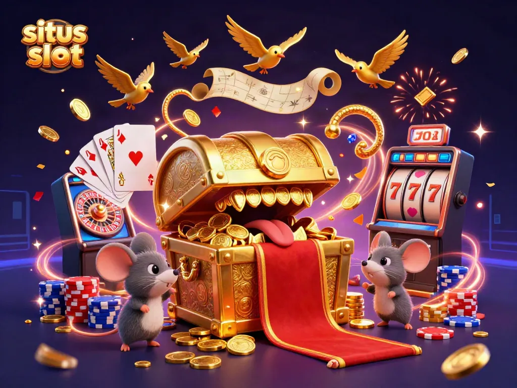 M memilih situs slot dengan harta karun menjanjikan emas dan permata bersinar.
