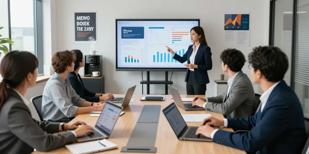 Tim profesional membahas strategi aplikasi martoto di ruang konferensi modern dengan presentasi visualisasi data.