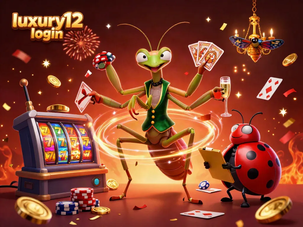 Engage with luxury12 login at a vibrant online casino, featuring a giant mantis dealer and lively avatars.