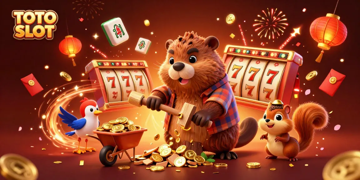 Win big with TOTO SLOT as a lumberjack beaver collects coins amidst vibrant casino elements.