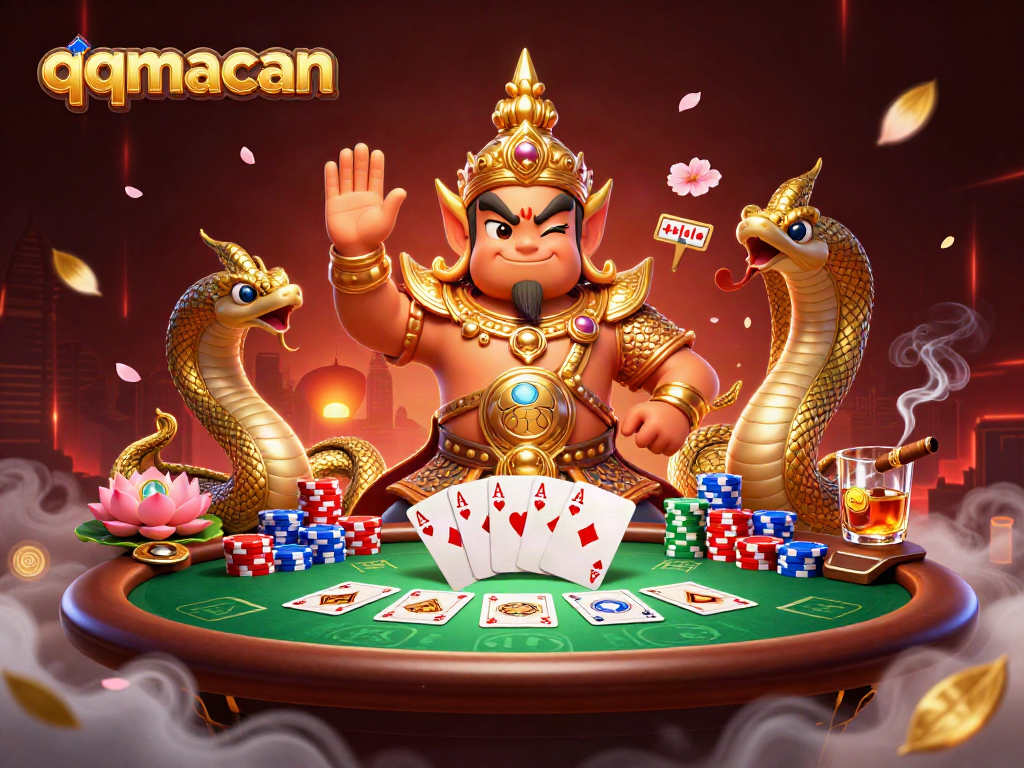 Mengakses QQMacan dengan tampilan poker yang mengesankan, dilengkapi penjaga kuil dan naga dalam ilustrasi 3D.