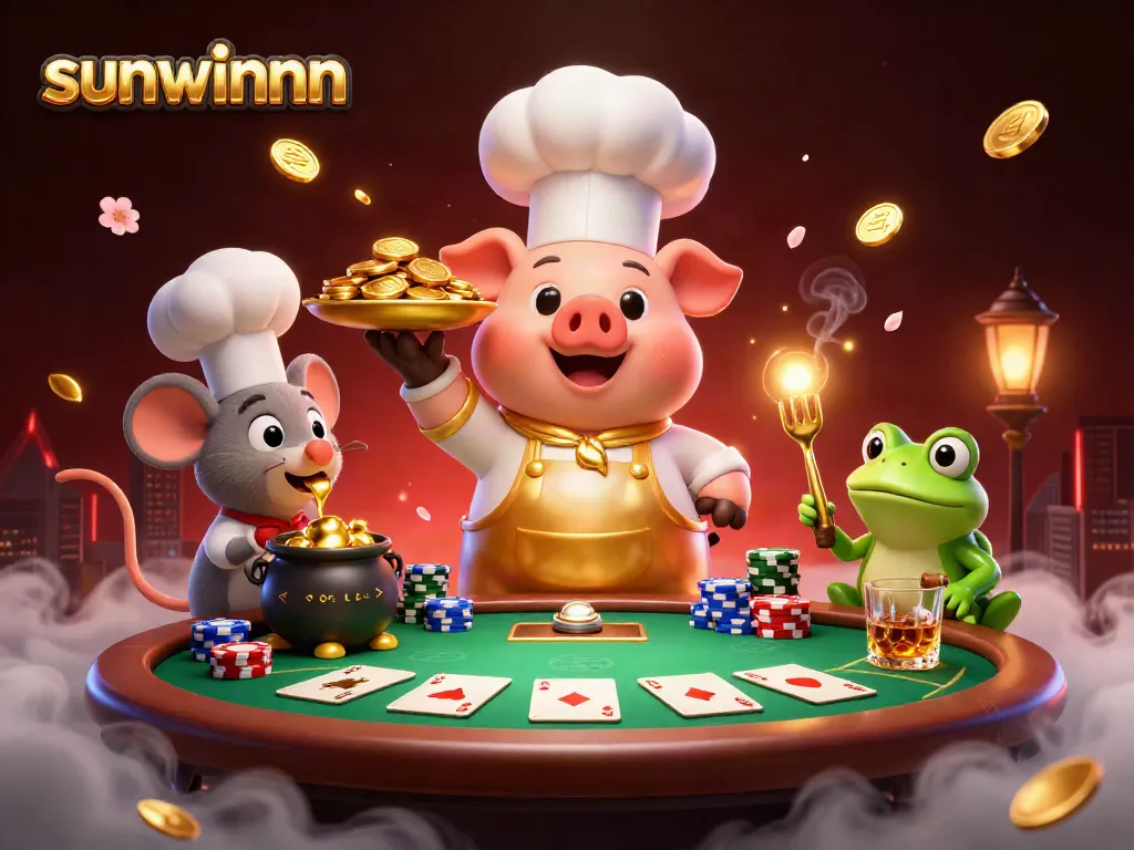 Join the excitement at sunwinnn featuring a cartoon chef pig serving gold coins amid a vibrant casino scene.