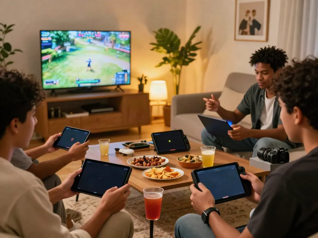Friends enjoying Yono Games in a cozy living room, engaged in lively conversation.