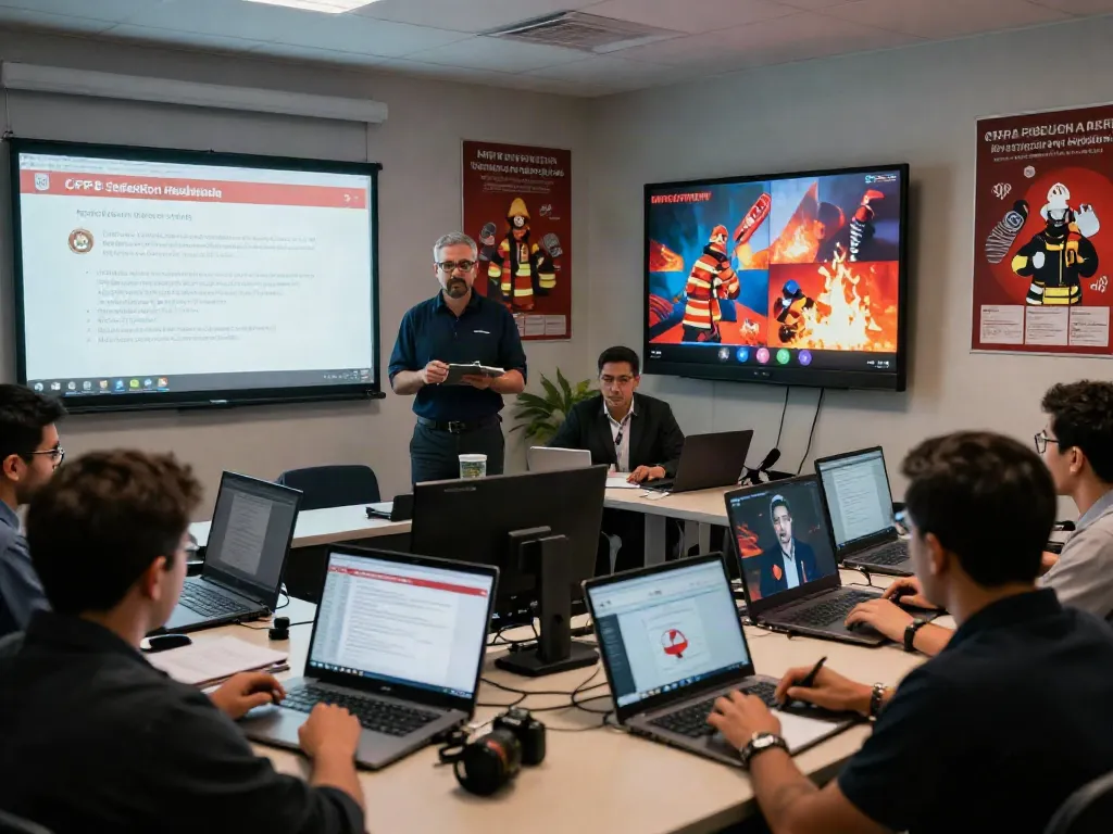 CFPS Certification Saudi Arabia training session featuring diverse professionals learning fire safety skills through live virtual interaction.