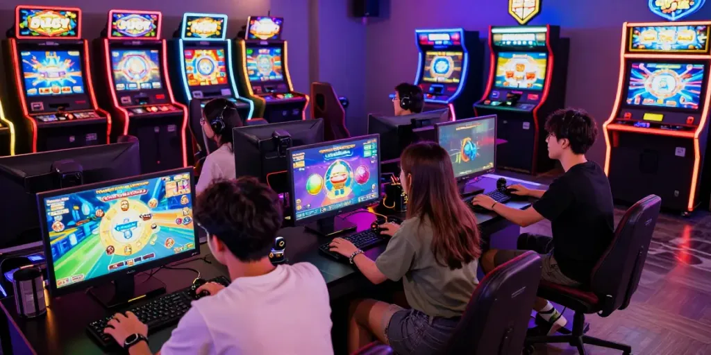 Engaged players enjoying YUMETOTO gaming experience in a vibrant arcade atmosphere.