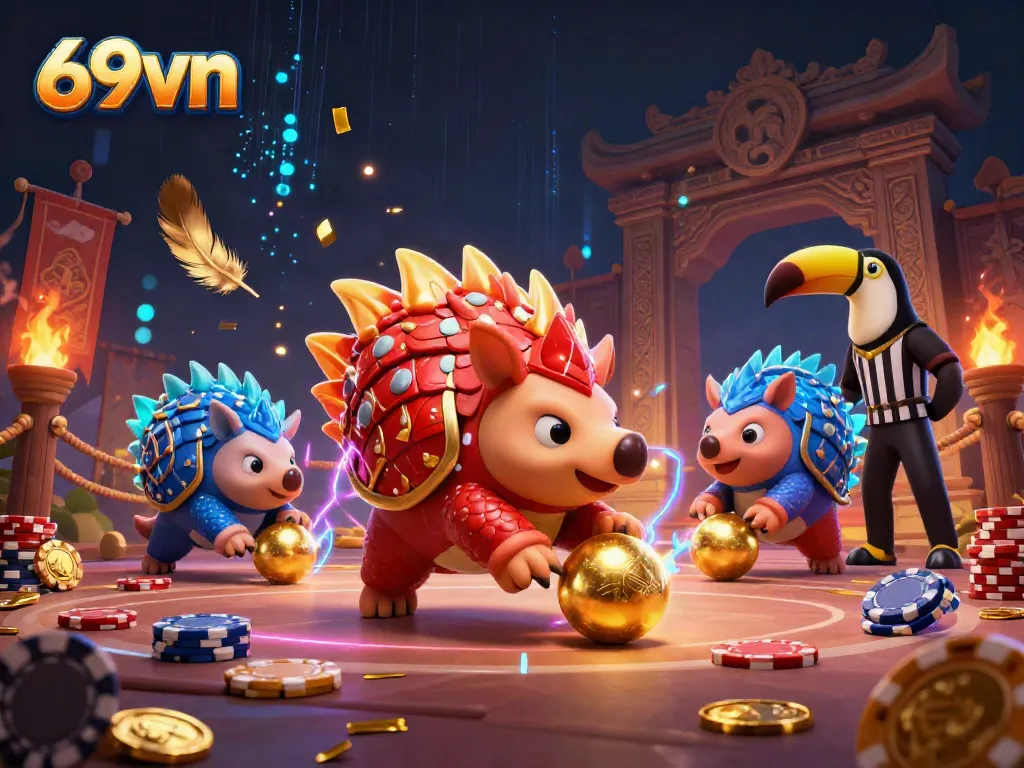 Engaging pangolins in a thrilling 69vn casino bowling showdown with gold coins and chips.
