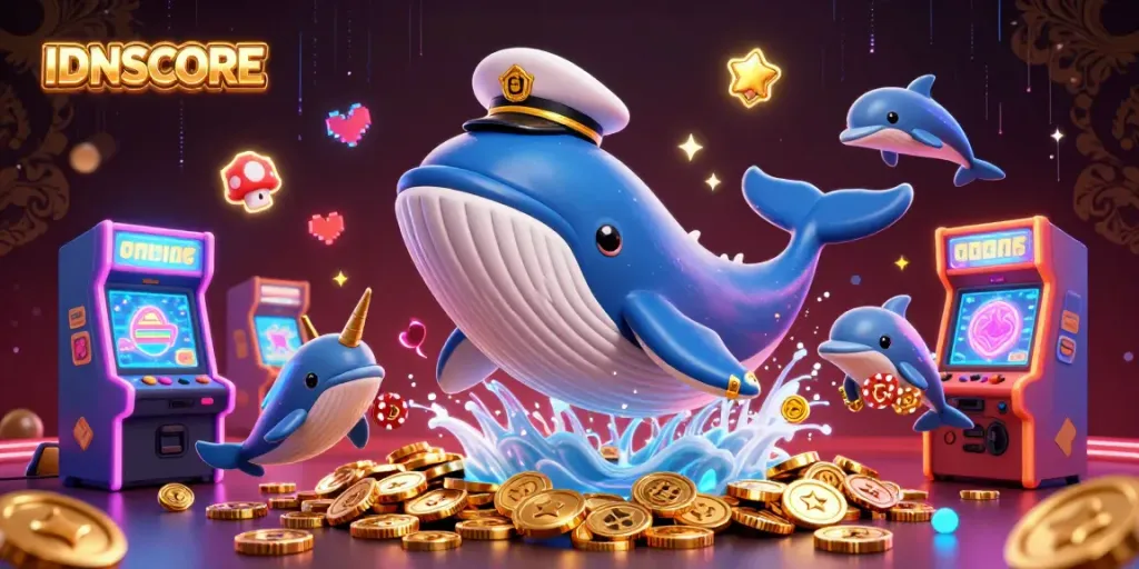 IDNSCORE reveals winning spins with a 3D digital whale breaching through a sea of coins.