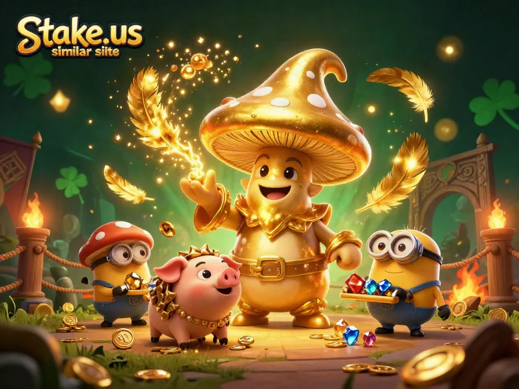 Engage with exciting games at stake.us similar sites featuring a golden mushroom wizard and treasure-hunting pig.