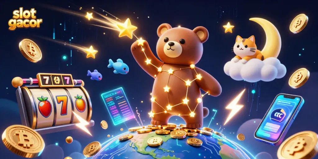 Engage with slot gacor excitement, collecting winnings as the constellation bear reaches for coins, amidst vibrant casino elements.