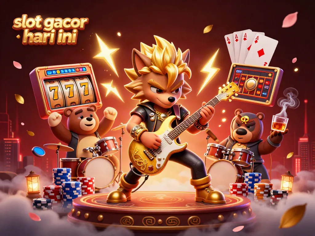 Slot gacor hari ini, ilustrasi kucing listrik dan beruang pemukul dalam setting kasino yang dinamis.