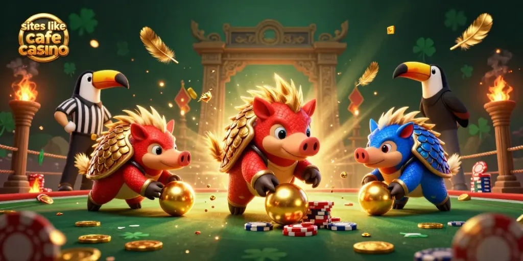 Experience thrilling action with sites like cafe casino as pangolins bowl through poker chips in this 3D casino scene