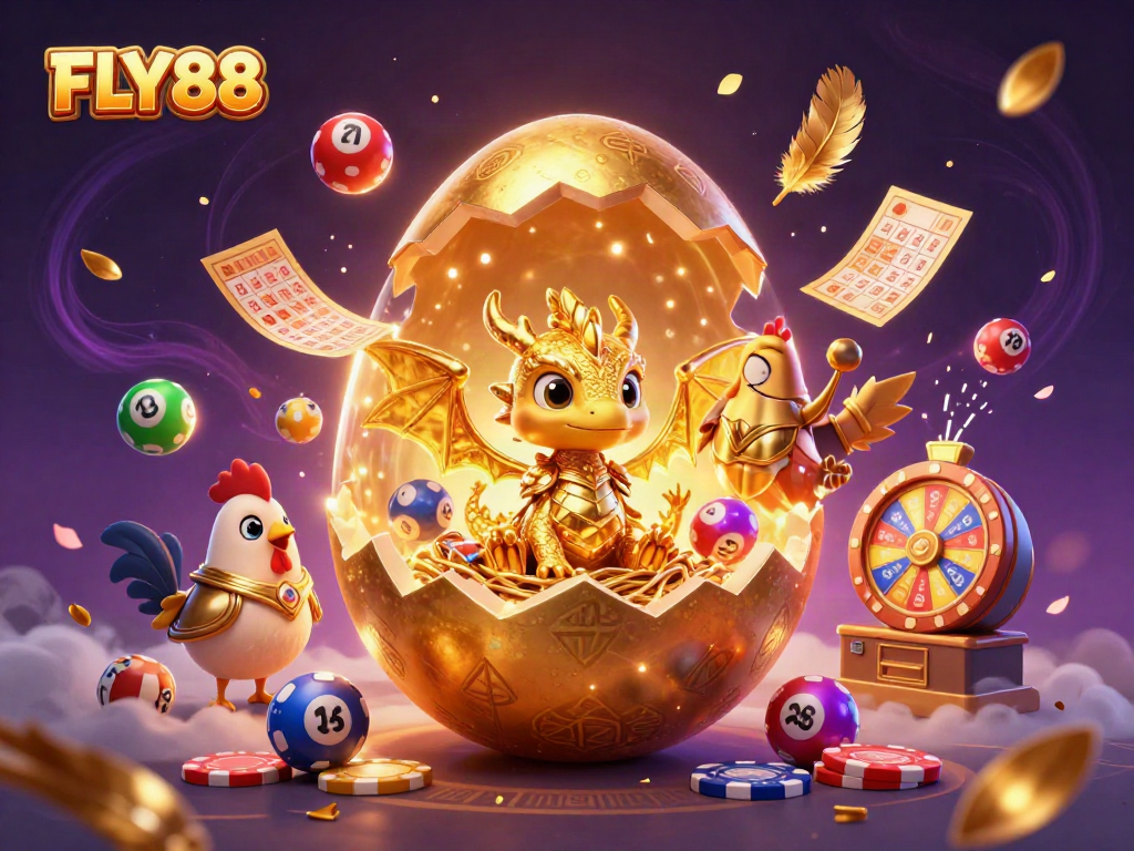 Experience FLY88 with a golden dragon revealing poker chips amidst a vibrant carnival of gaming elements.