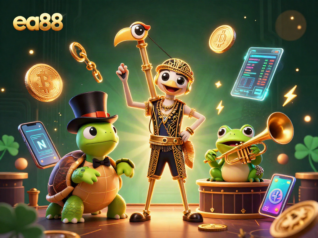 Play at ea88 while enjoying colorful characters and vibrant crypto-themed casino elements.