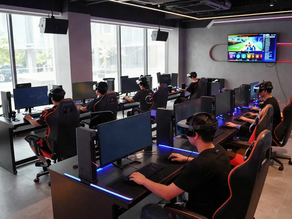 Luxury111 login scene in a modern gaming lounge with players engaged in competitive gameplay.