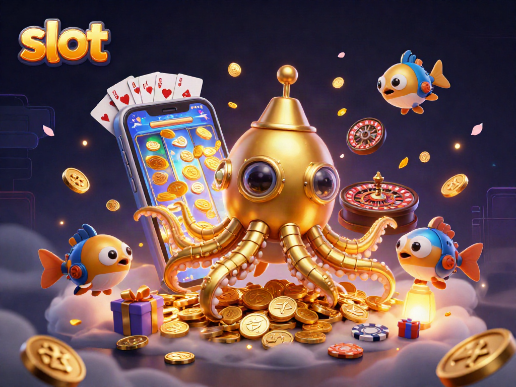 Spin the slot with a golden kraken submarine surfacing from coins in a vibrant casino scene.