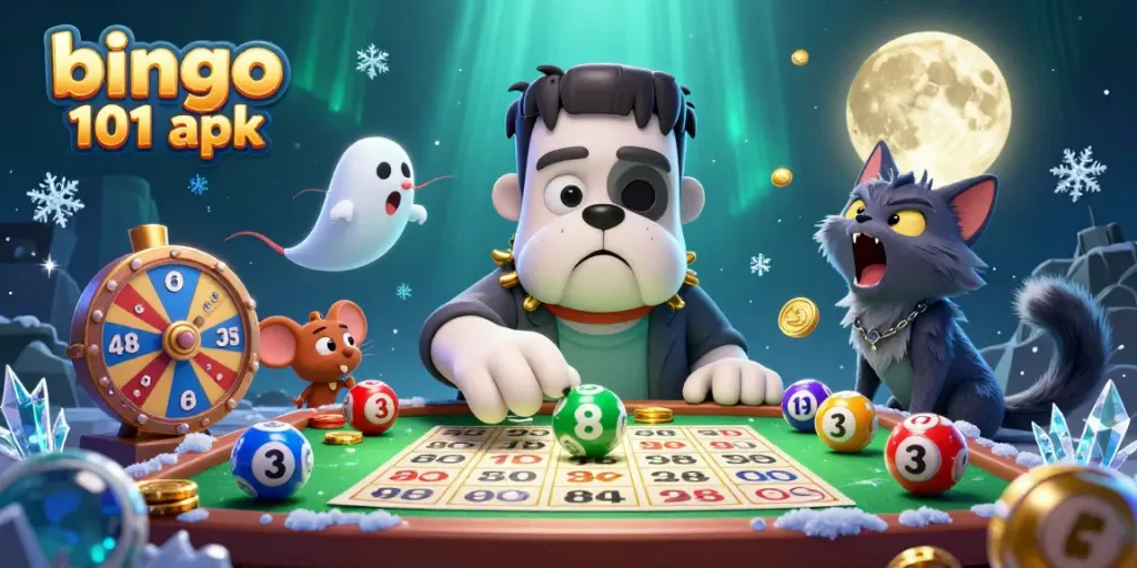 Bermain bingo 101 apk dengan karakter dan elemen menarik di lingkungan bertema kasino.