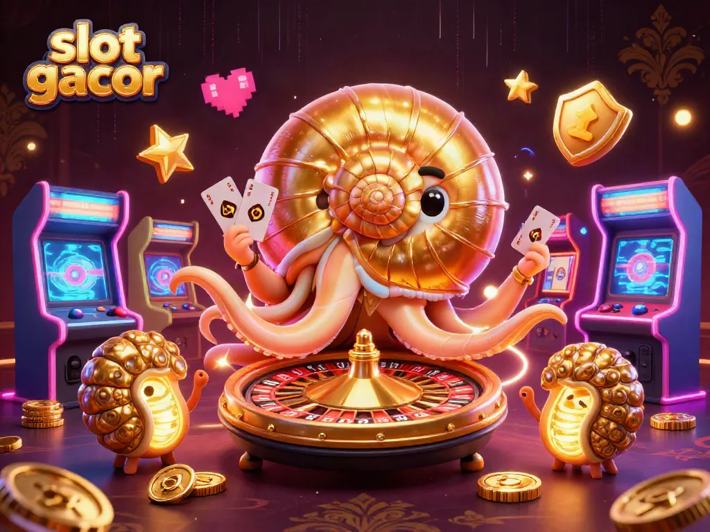 Engage with slot gacor gameplay featuring a giant nautilus roulette, glowing machines, and vibrant casino fun.