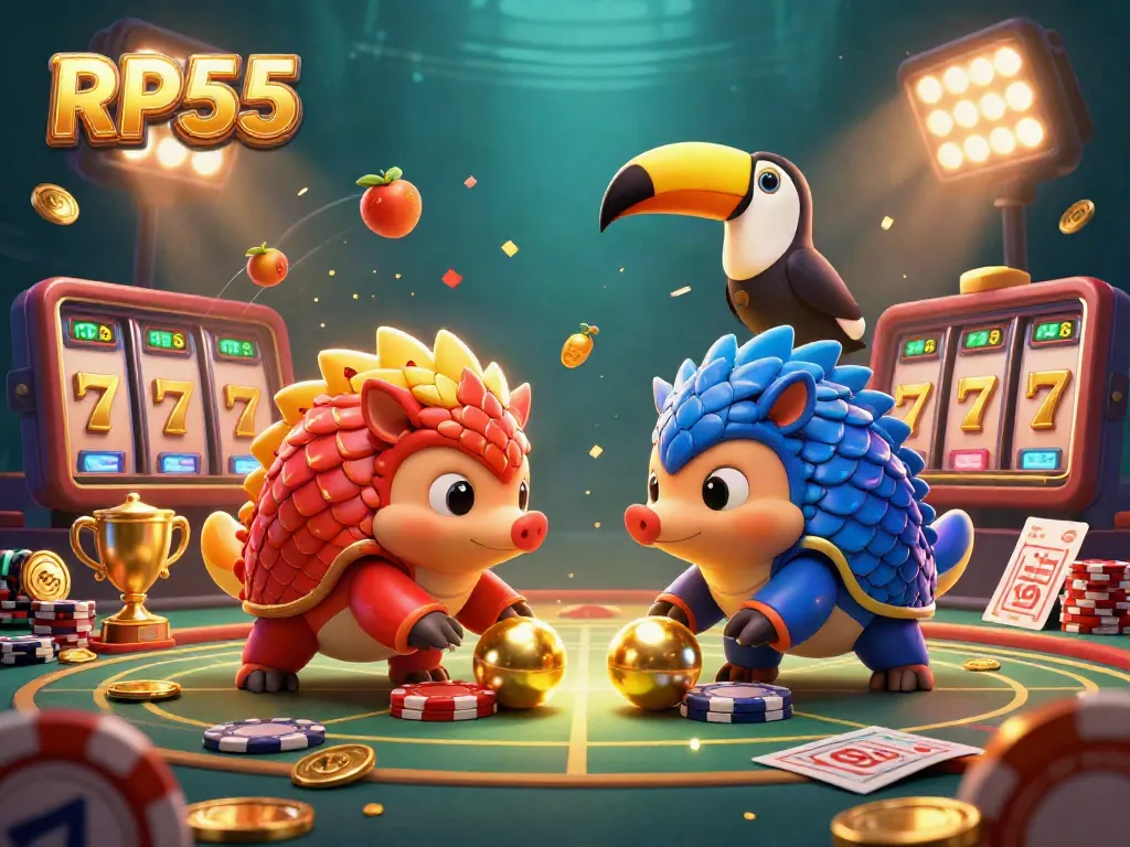 Engage with the thrilling RP55 casino scene featuring rival pangolins bowling through poker chips, highlighted by rich casino gameplay elements.