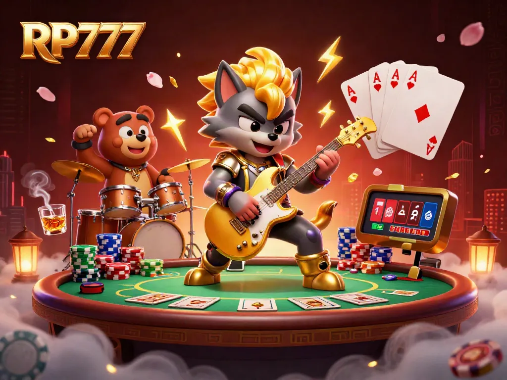 Engage with RP777 gaming action on a vibrant casino stage featuring animated characters.