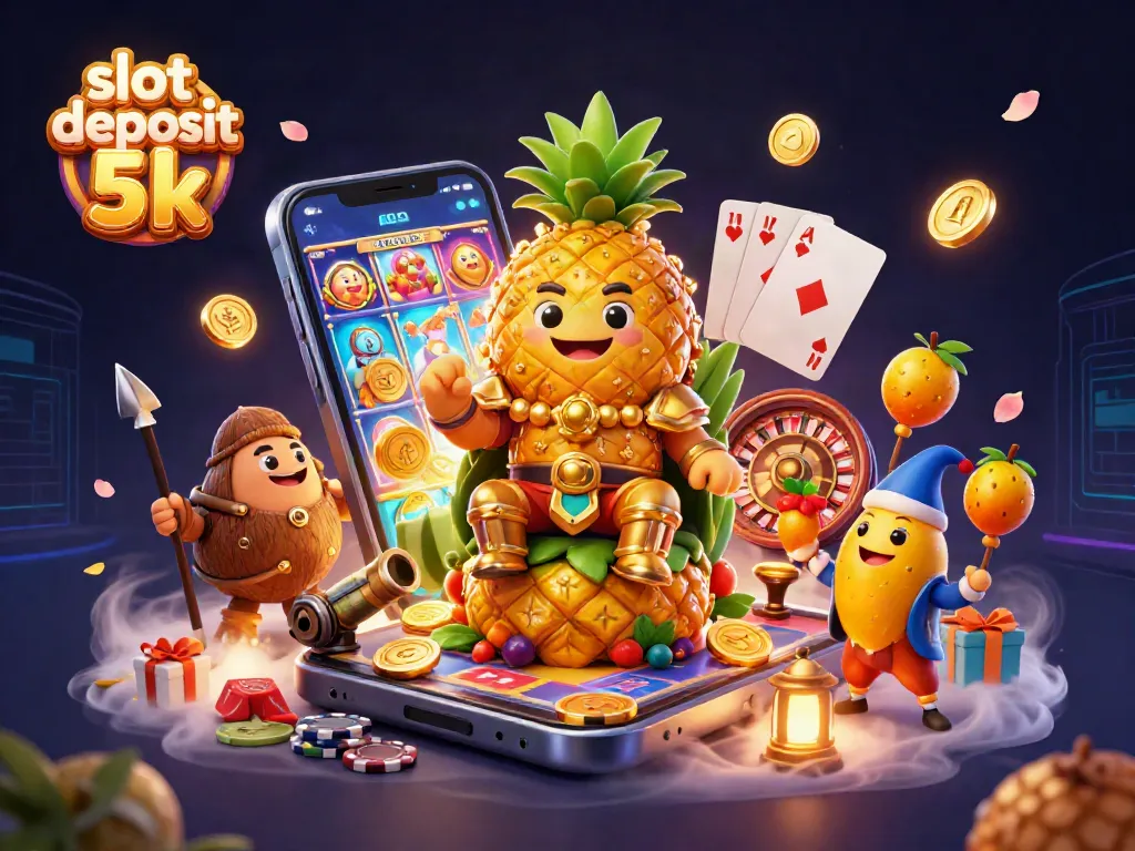 Experience slot deposit 5k thrills with a pineapple king and casino elements in a vibrant 3D scene.