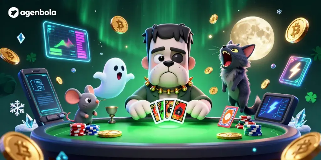 Engage in thrilling games with agenbola at a vibrant casino scene featuring colorful characters and crypto elements.