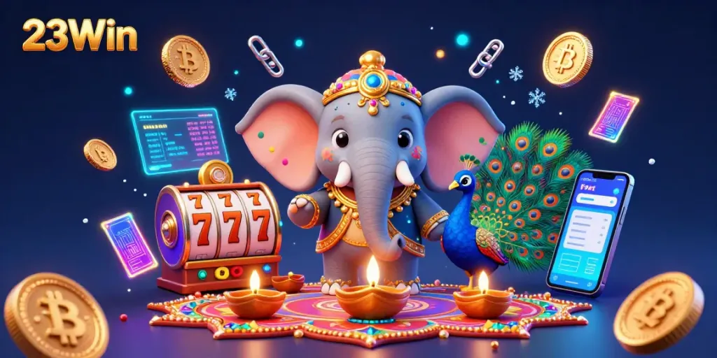 Experience the vibrant allure of 23Win with a lively 3D casino scene featuring rich Diwali themes and vibrant game elements.