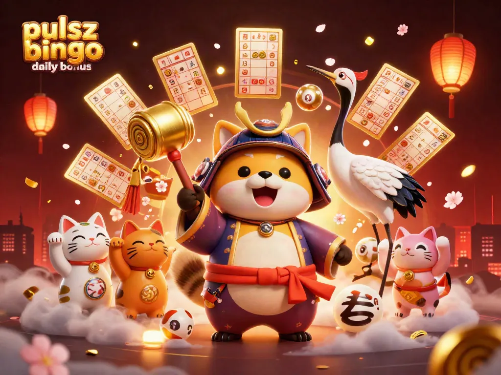 Pulsz bingo daily bonus with vibrant characters, colorful bingo cards, and festive decorations.