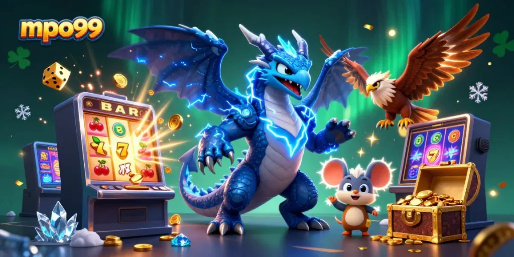 Permainan slot mpo99 yang seru dengan karakter naga petir dan simbol keberuntungan.