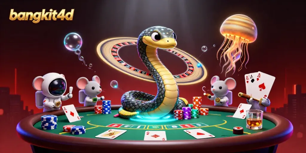 Bermain slot dan taruhan di bangkit4d dengan karakter kartun 3D dalam suasana kasino.